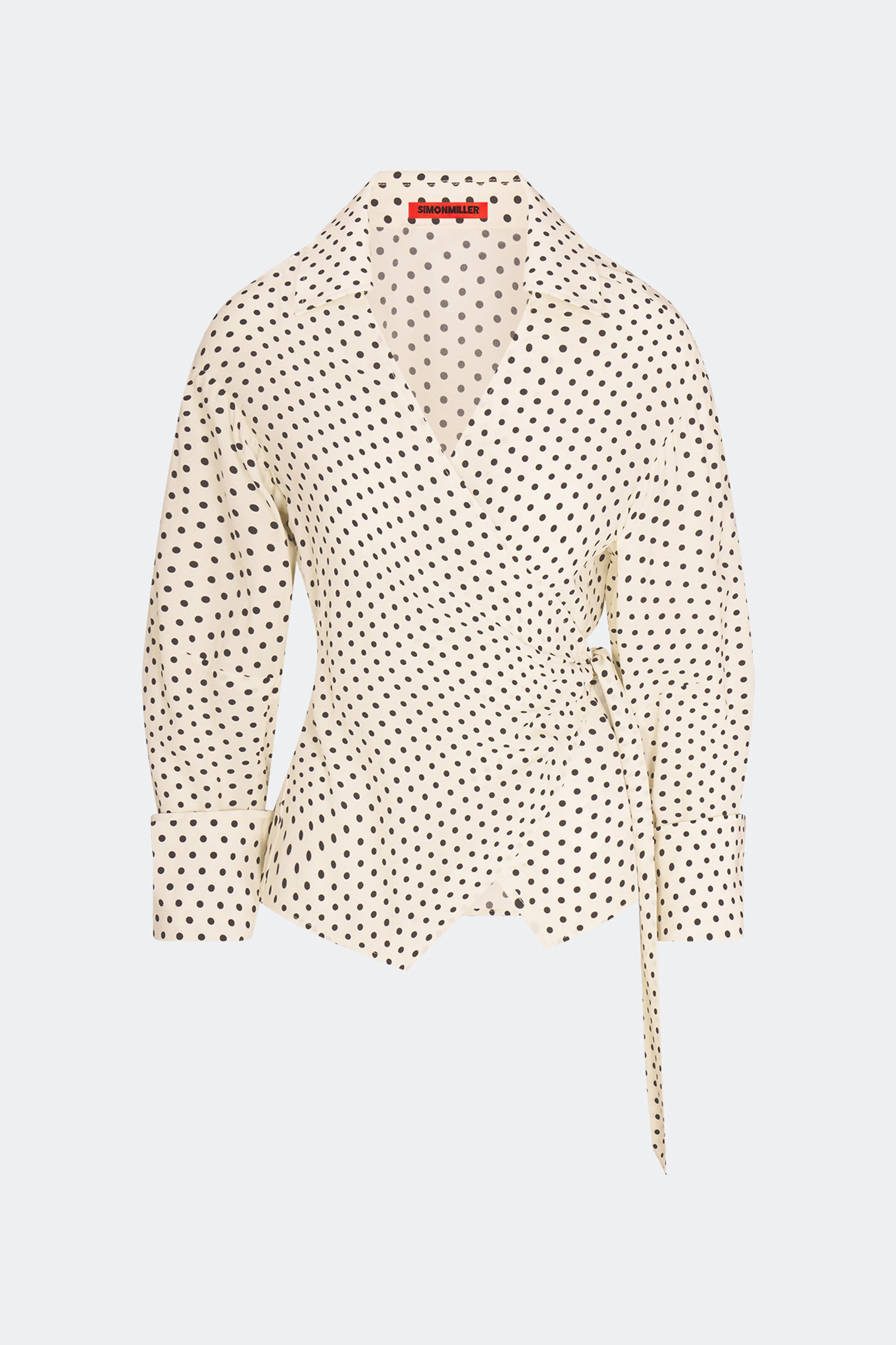 Anya Crepe Wrap Top In Macadamia/Black Polka Dot - Image 2