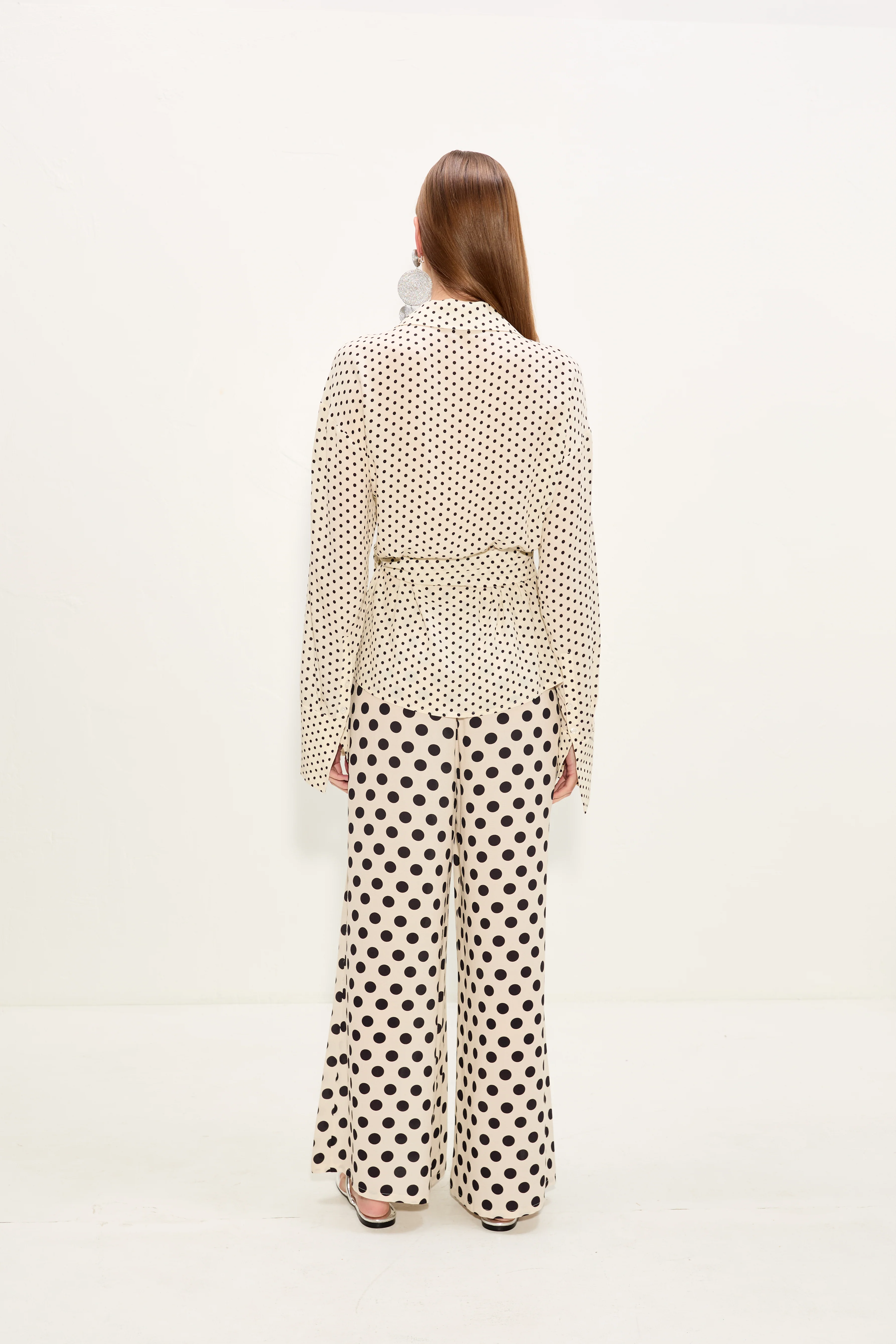 Anya Crepe Wrap Top In Macadamia/Black Polka Dot - Image 4