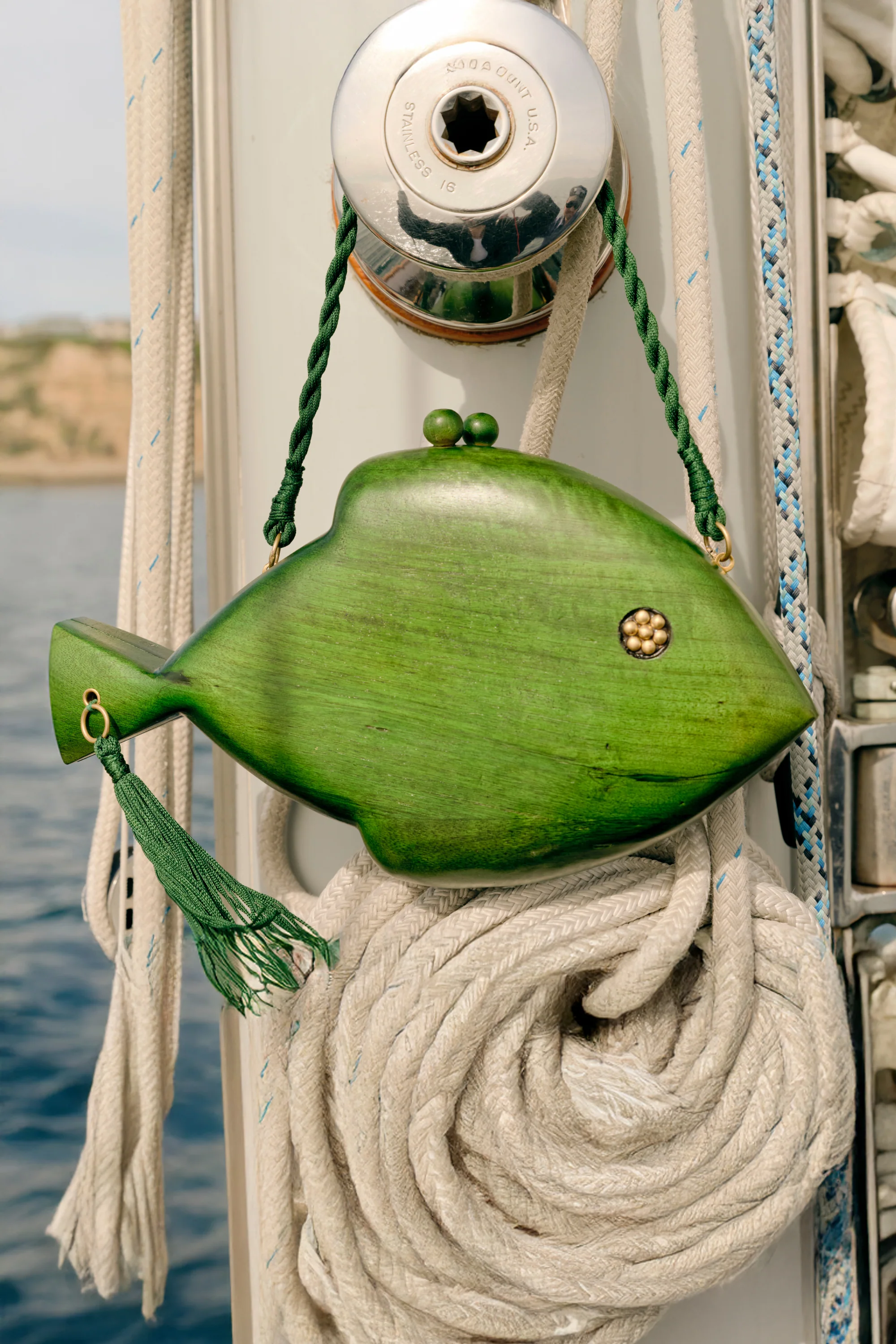 Carved Wooden Fish Clutch in Gummy Green - Image 2
