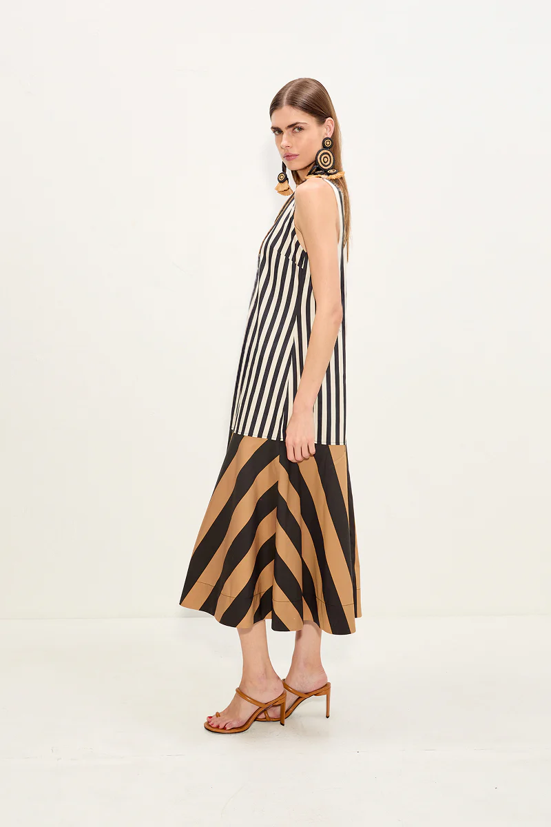 Celeste Poplin Dress In Black/Tan Stripe Combo - Image 4