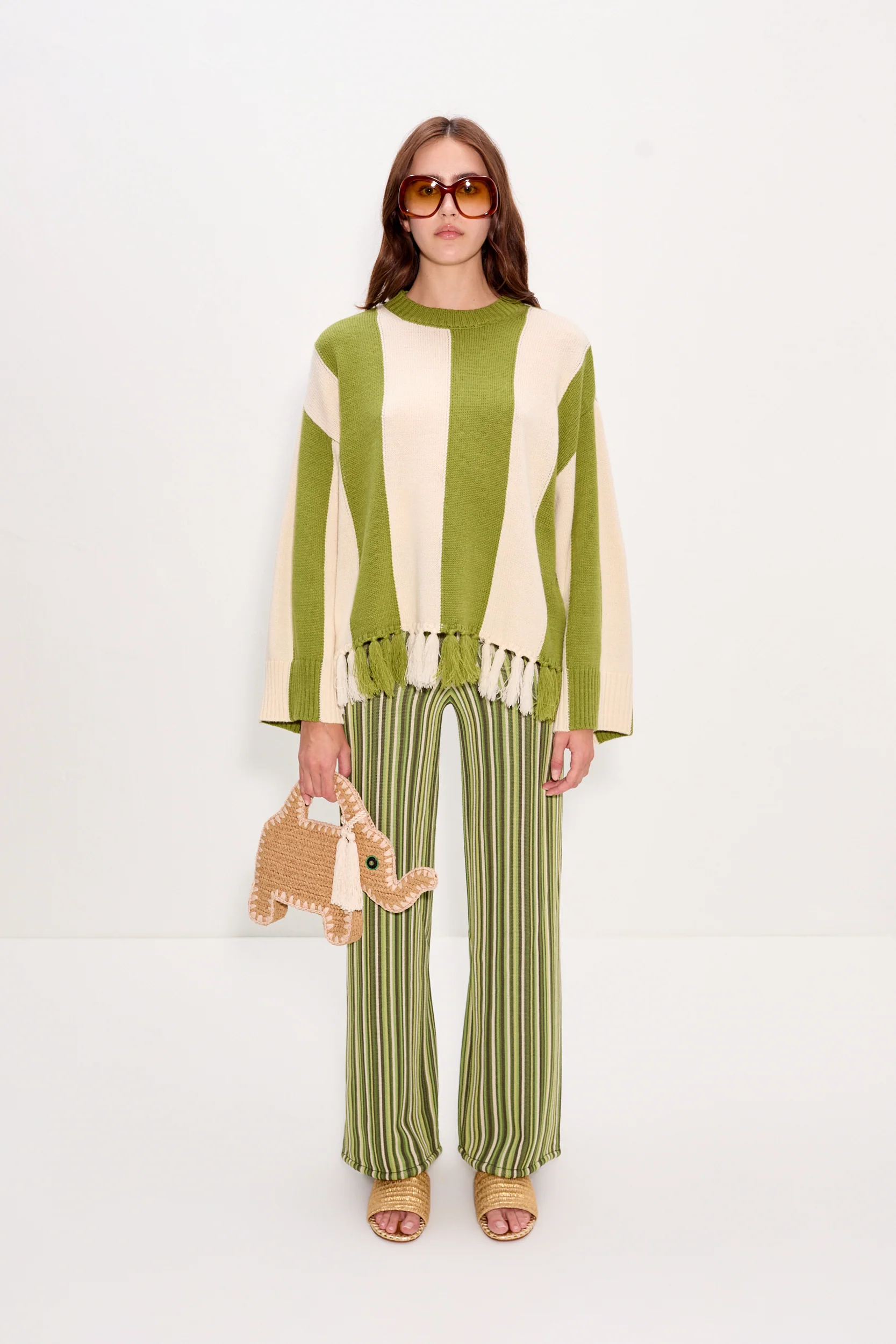 Faye Tassel Sweater In Moss Green/Cream - Image 2