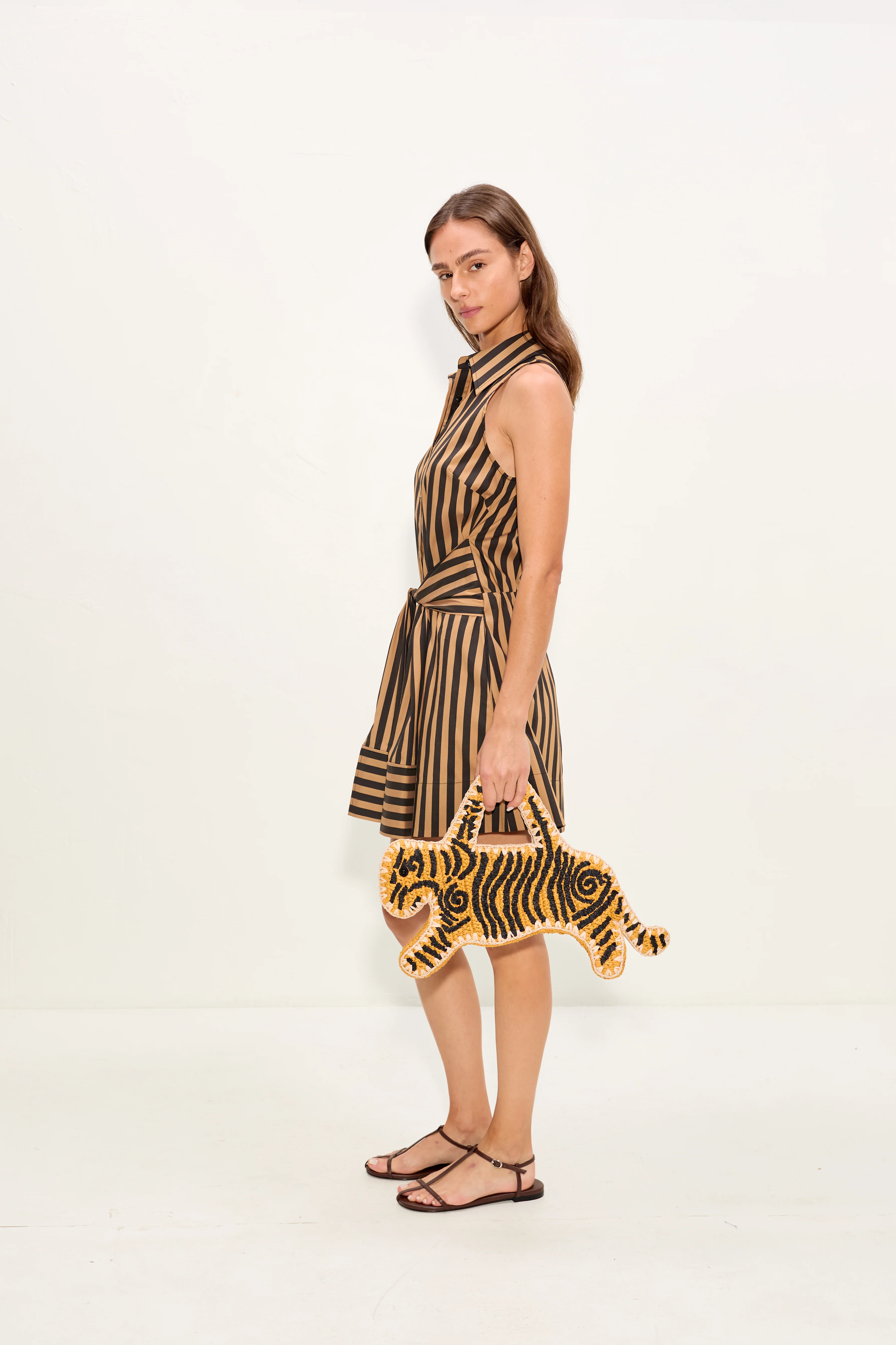 Inna Sleeveless Poplin Mini Dress In Black/Tan Stripe - Image 4