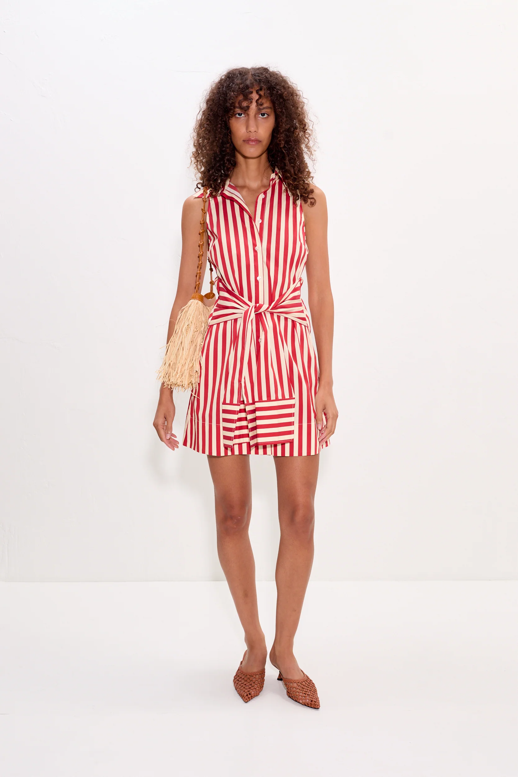 Inna Sleeveless Poplin Mini Dress in Venetian Red Stripe - Image 3