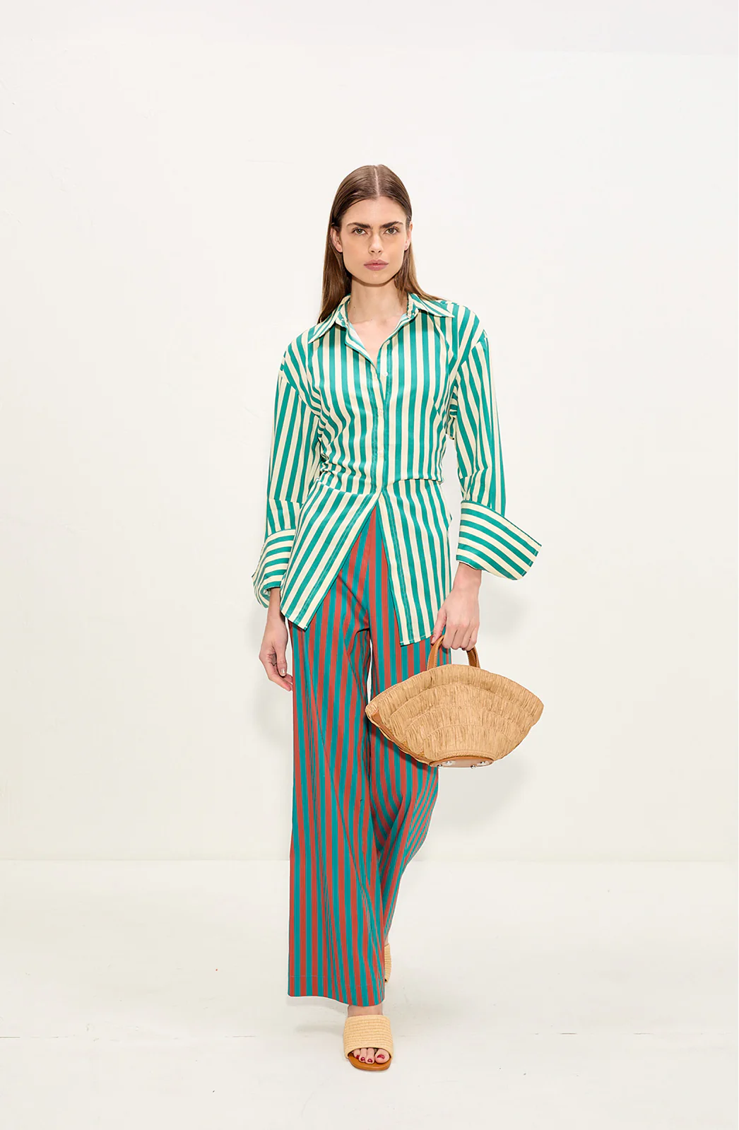 Loch Poplin Button Up In Teal/Cream Stripe - Image 3