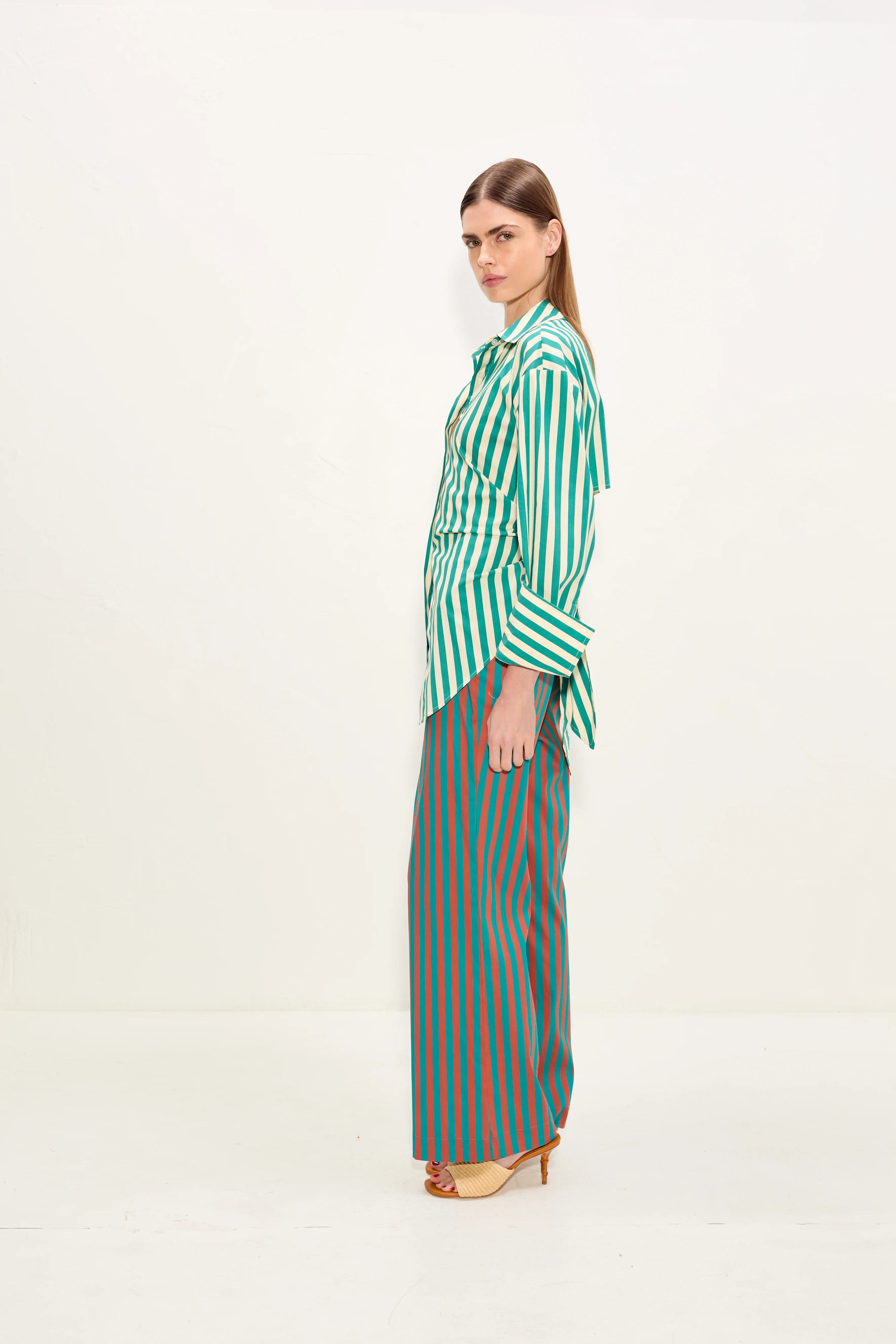 Loch Poplin Button Up In Teal/Cream Stripe - Image 4