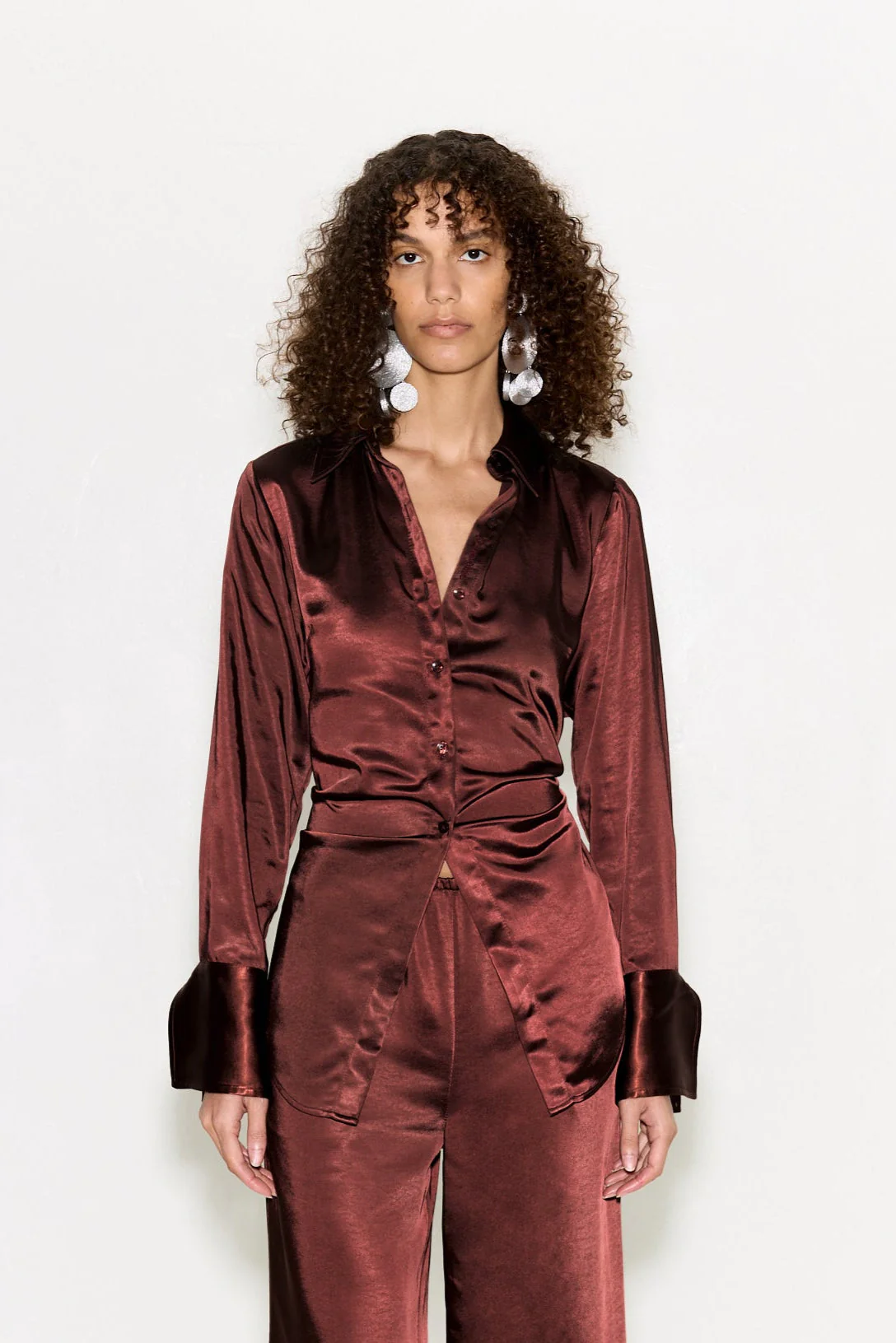 Loch Satin Button Up In Choco Brown - Image 4