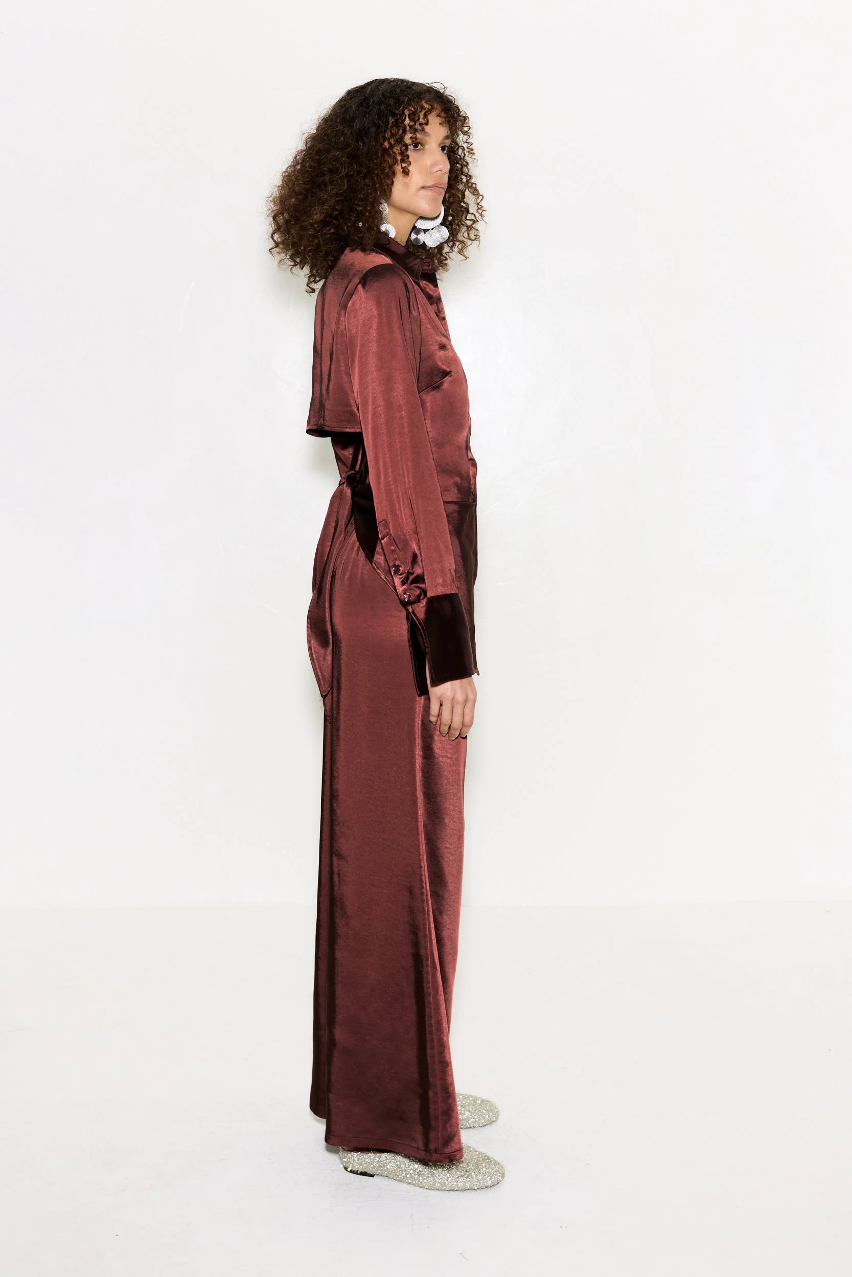 Loch Satin Button Up In Choco Brown - Image 6