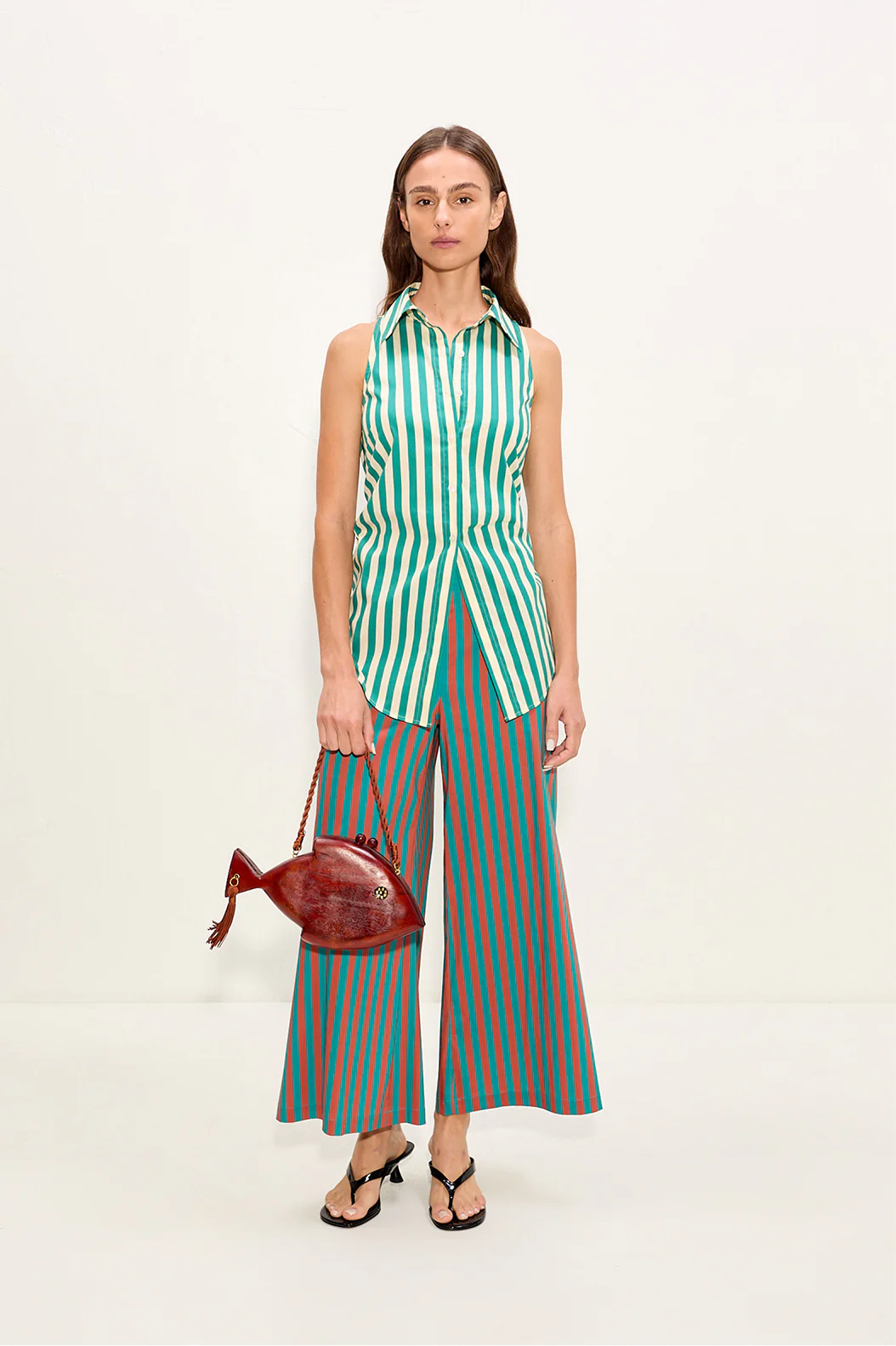 Loch Sleeveless Poplin Button Up In Teal/Cream Stripe - Image 2