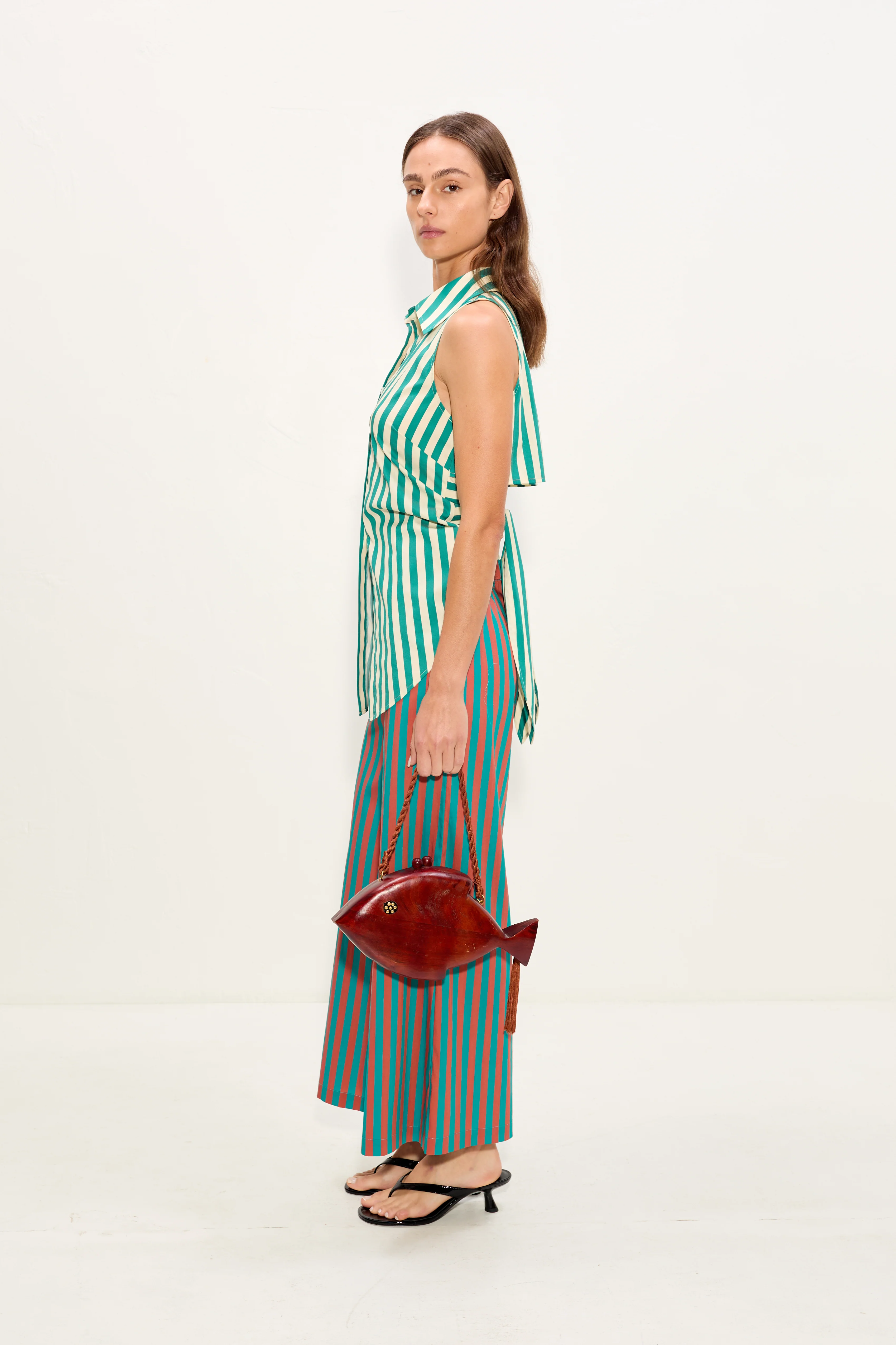 Loch Sleeveless Poplin Button Up In Teal/Cream Stripe - Image 5