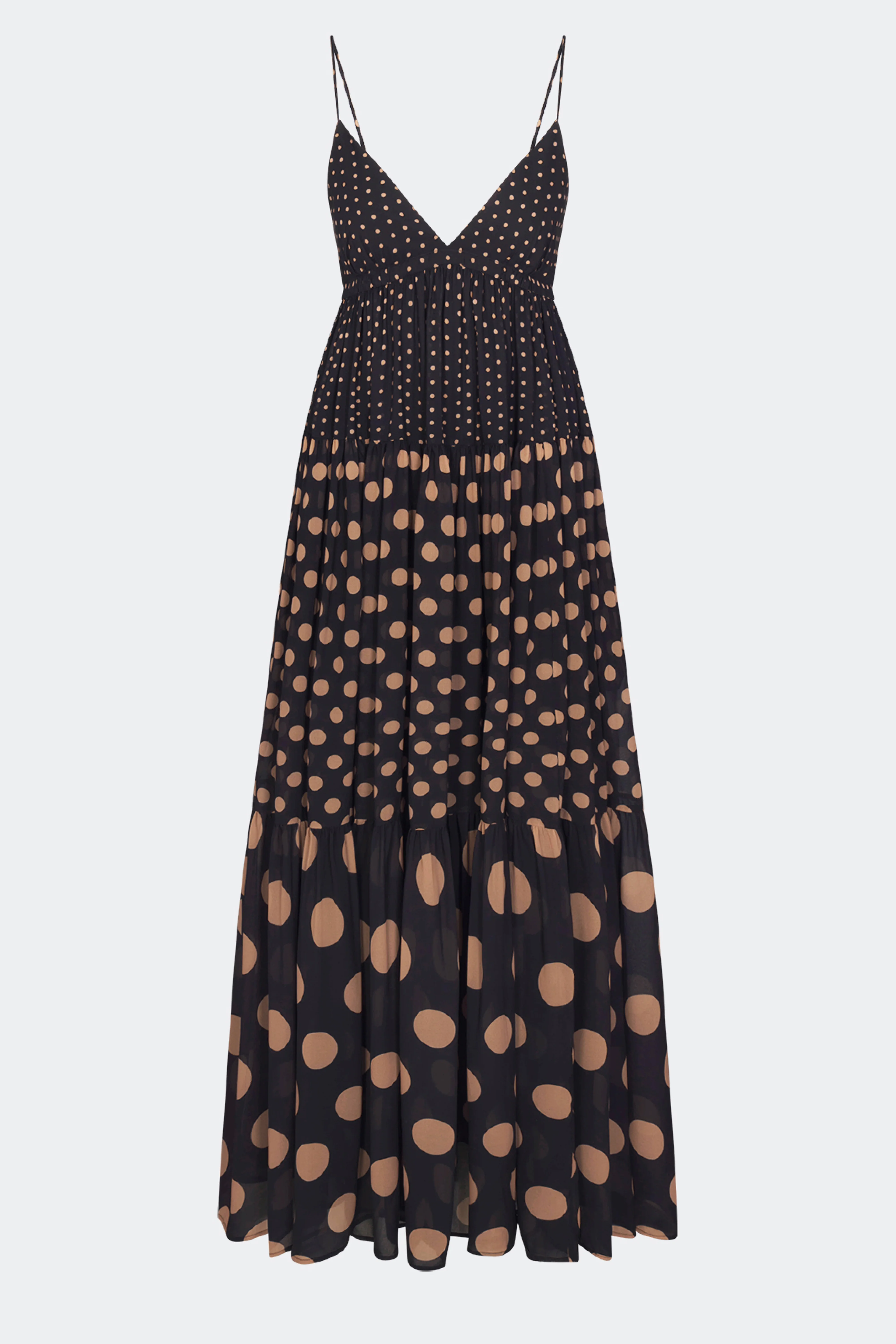 Romi Chiffon Maxi Dress In Black/Tan Polka Dot - Image 2