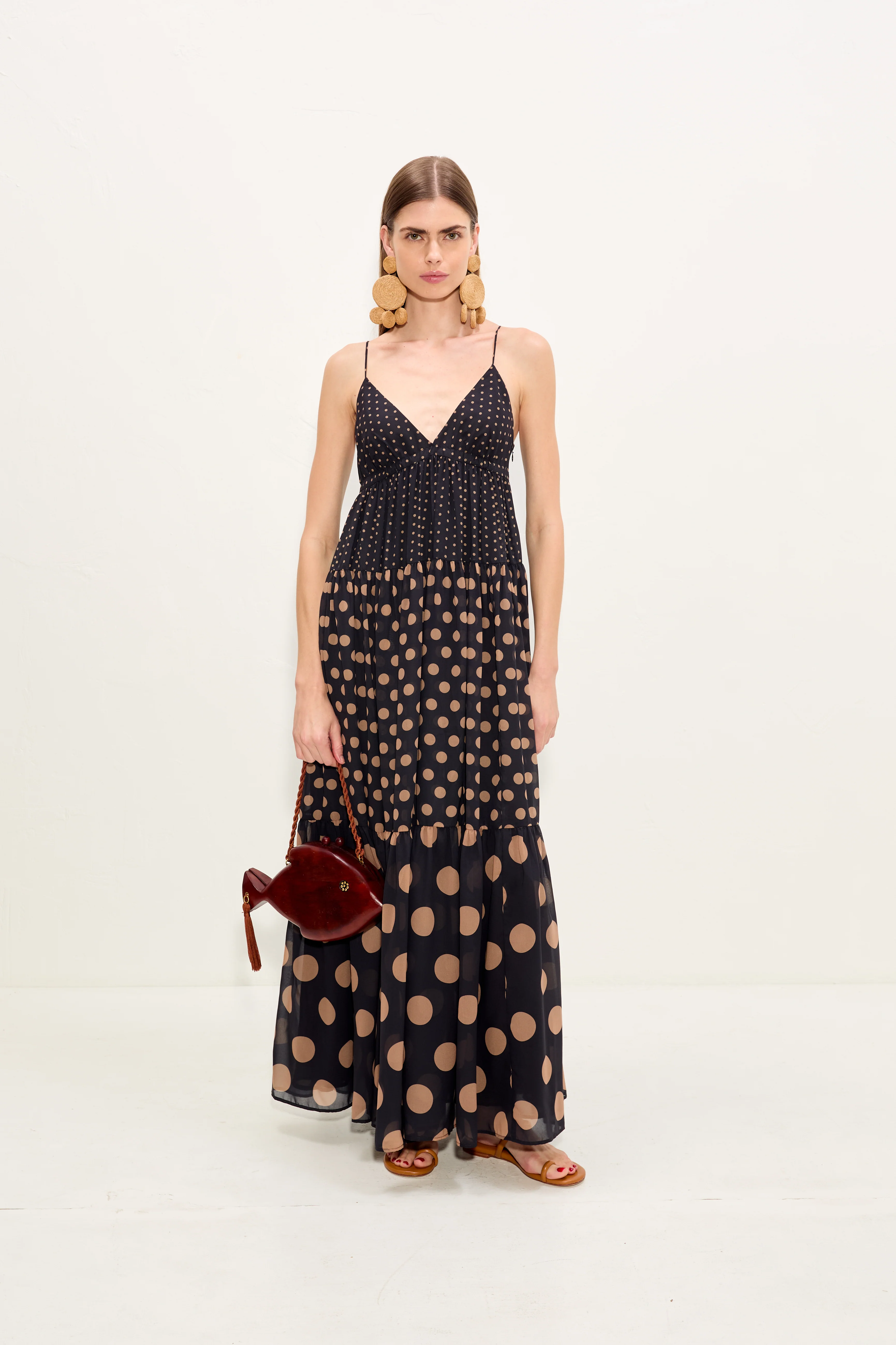 Romi Chiffon Maxi Dress In Black/Tan Polka Dot - Image 3