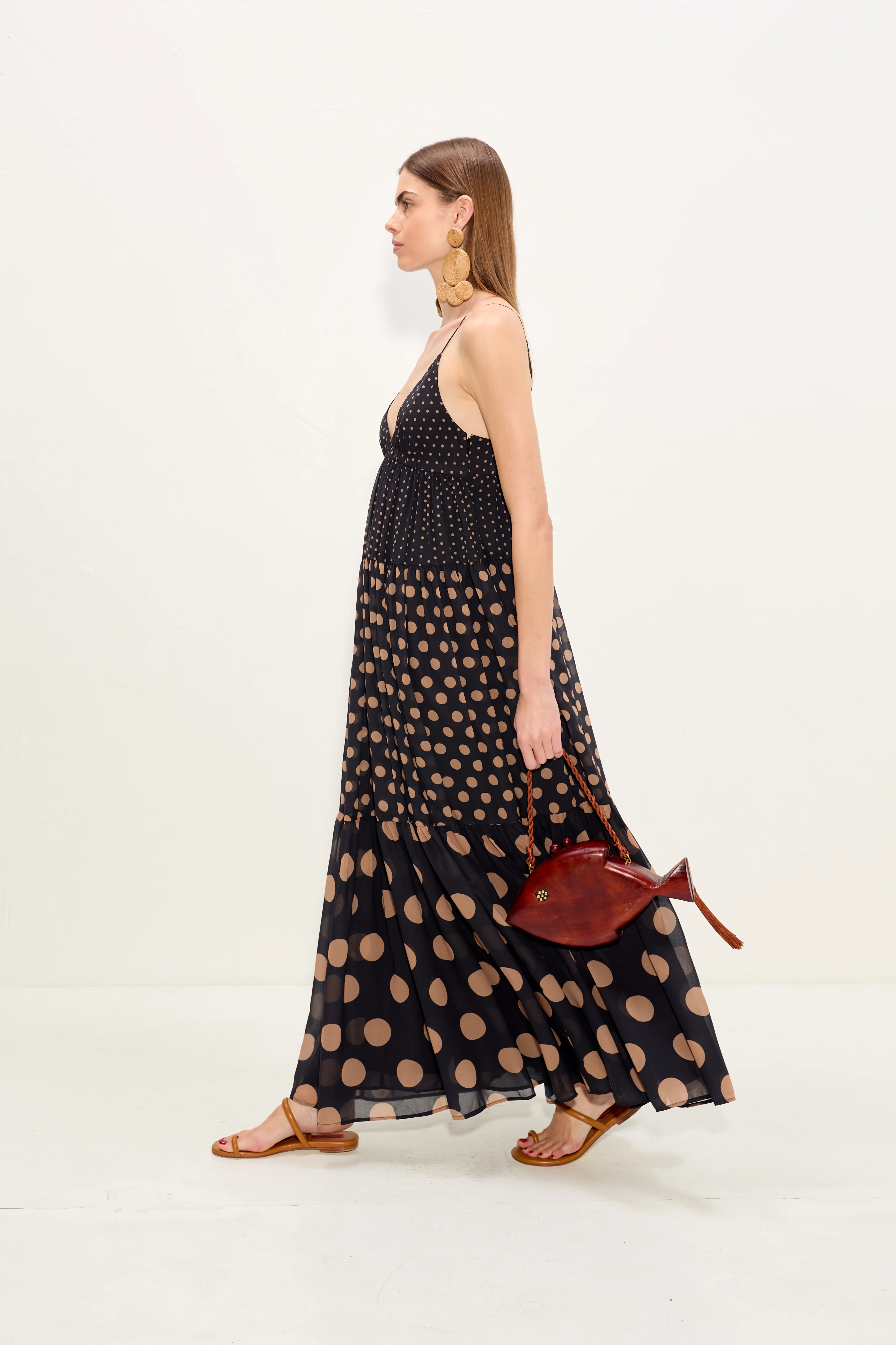 Romi Chiffon Maxi Dress In Black/Tan Polka Dot - Image 4