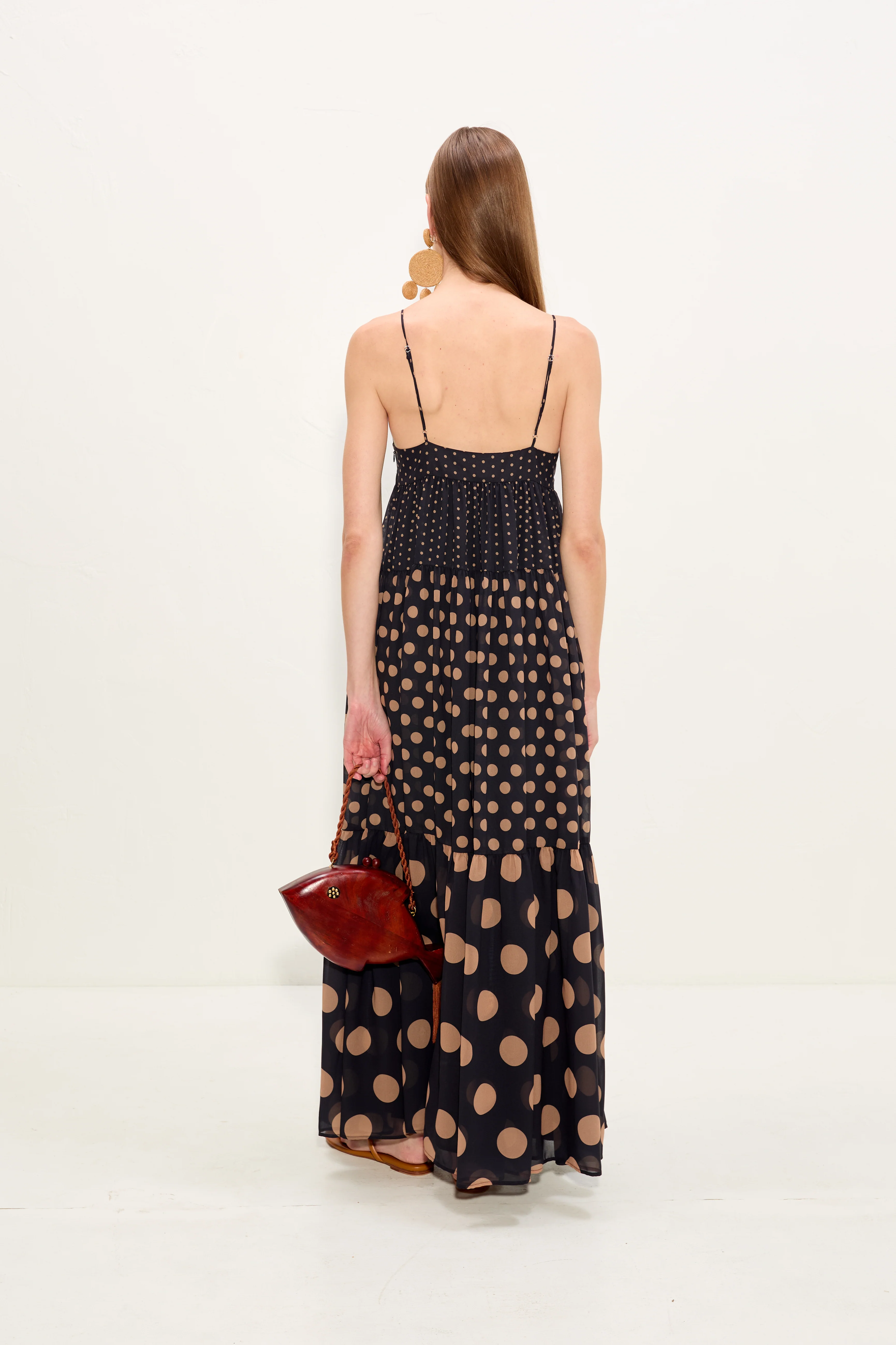 Romi Chiffon Maxi Dress In Black/Tan Polka Dot - Image 5
