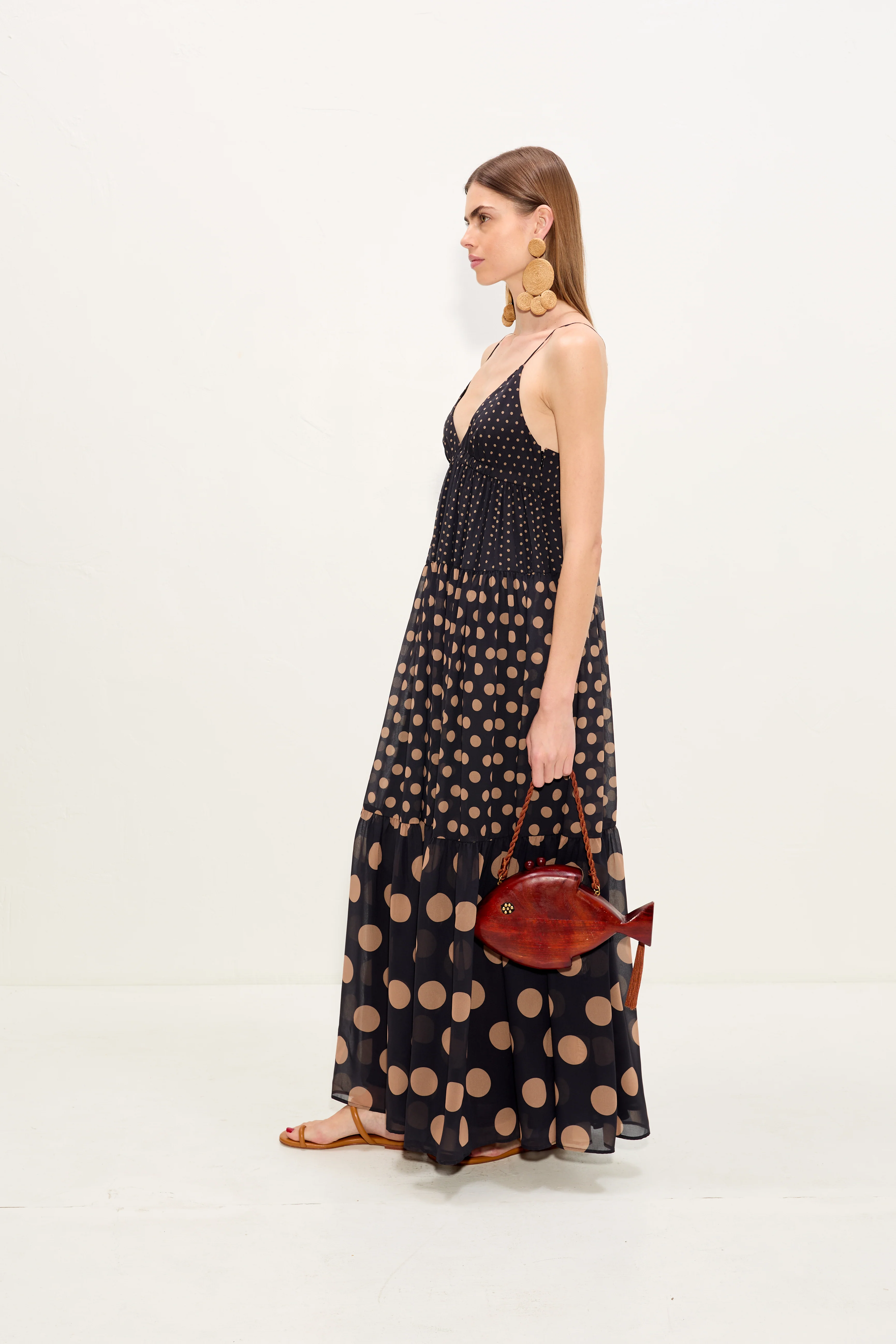 Romi Chiffon Maxi Dress In Black/Tan Polka Dot - Image 6