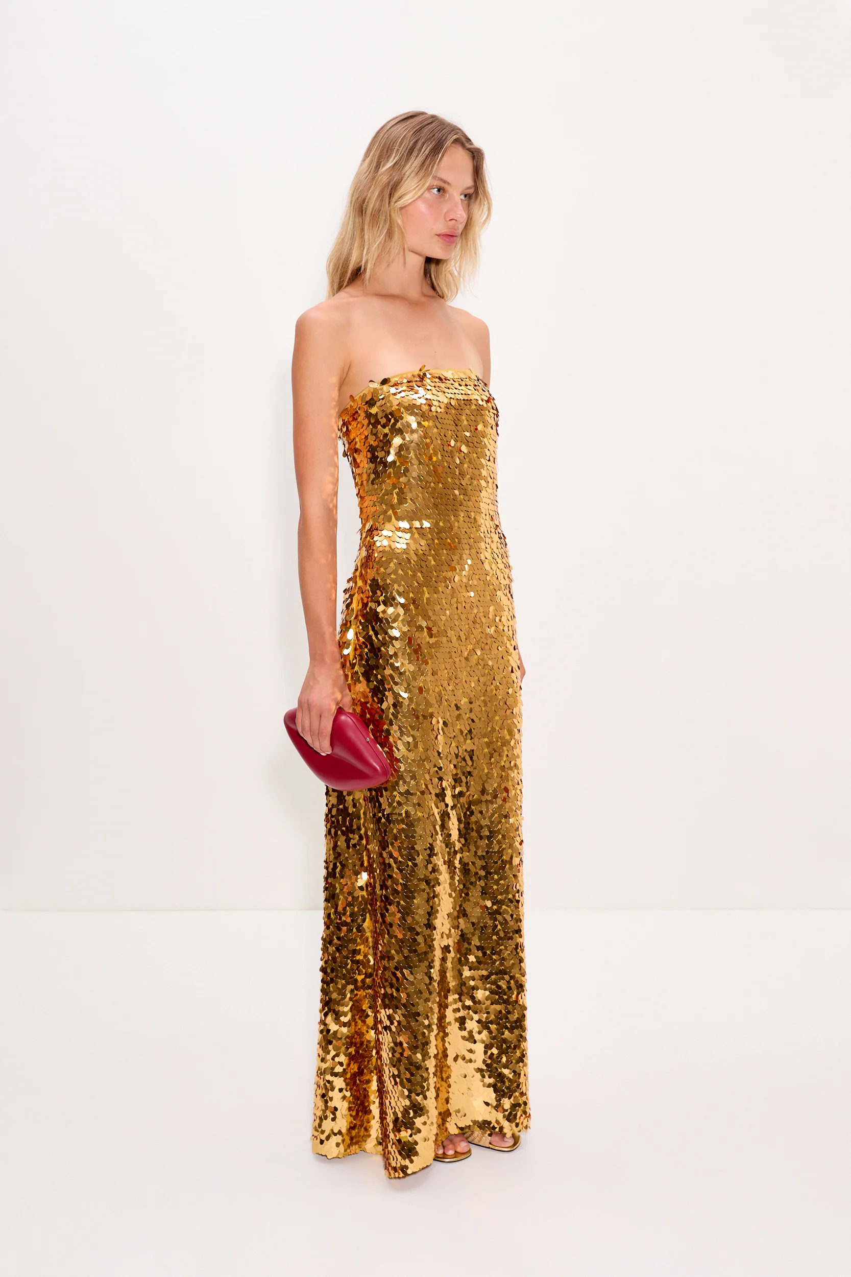 Sculpty Strapless Sequin Dress In Star Gold - Image 3