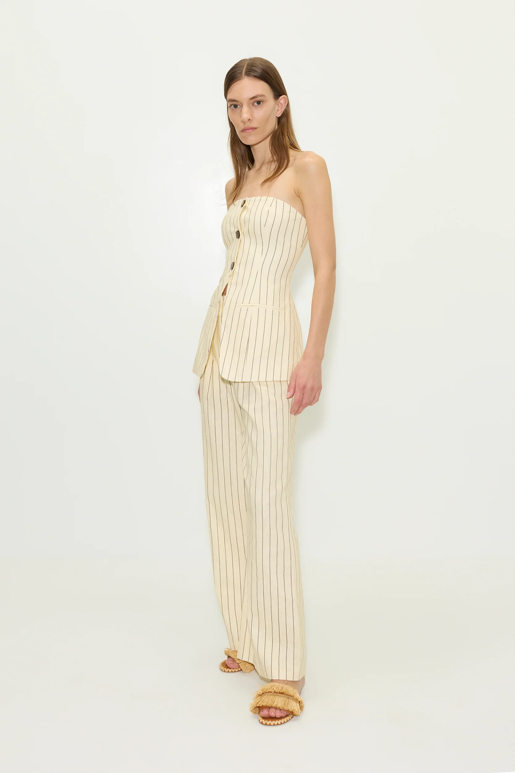 Mori Strapless Linen Top in Cream Pinstripe - Image 5