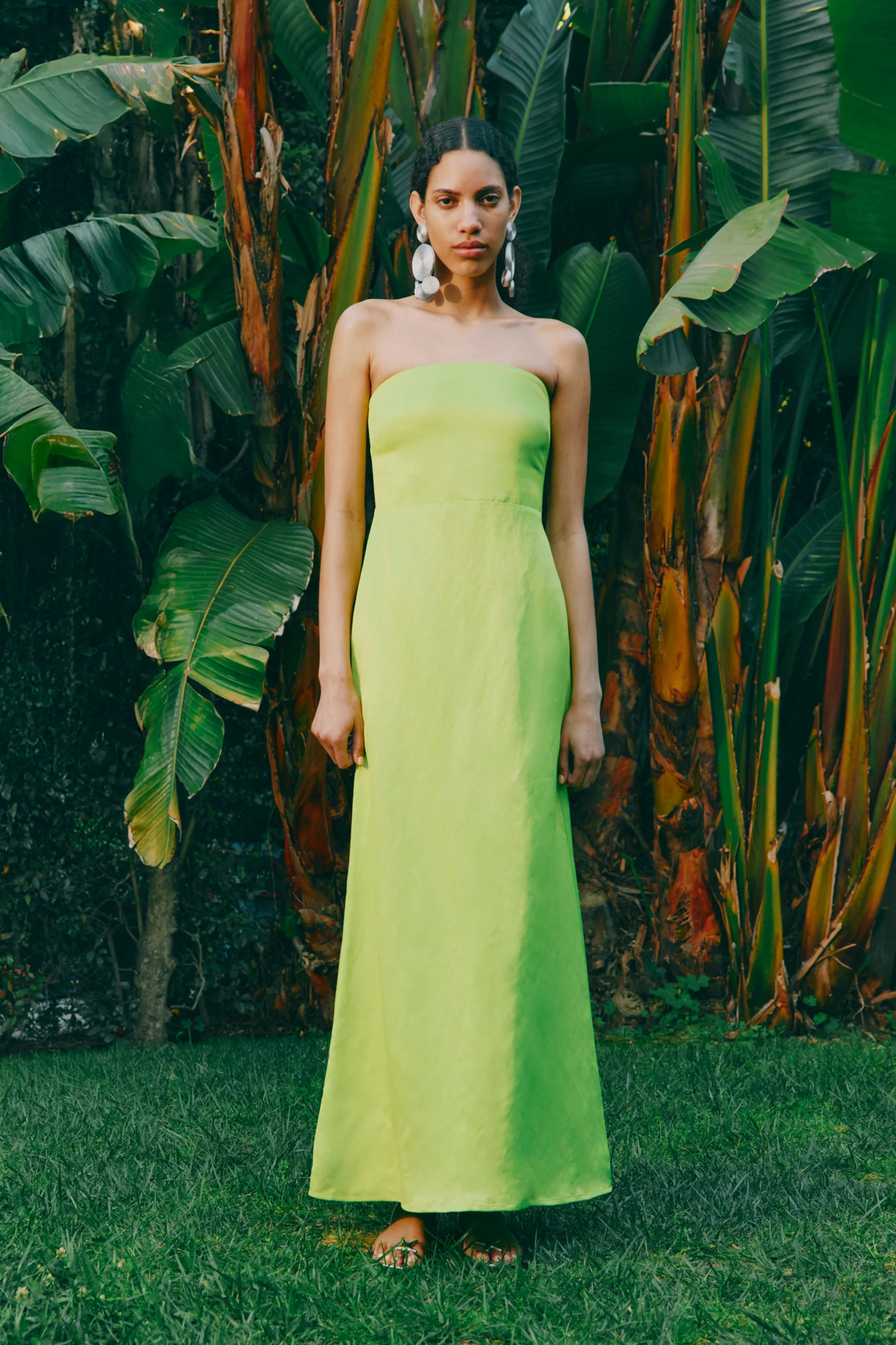 Sculpty Strapless Satin Dress in Lime - Image 2