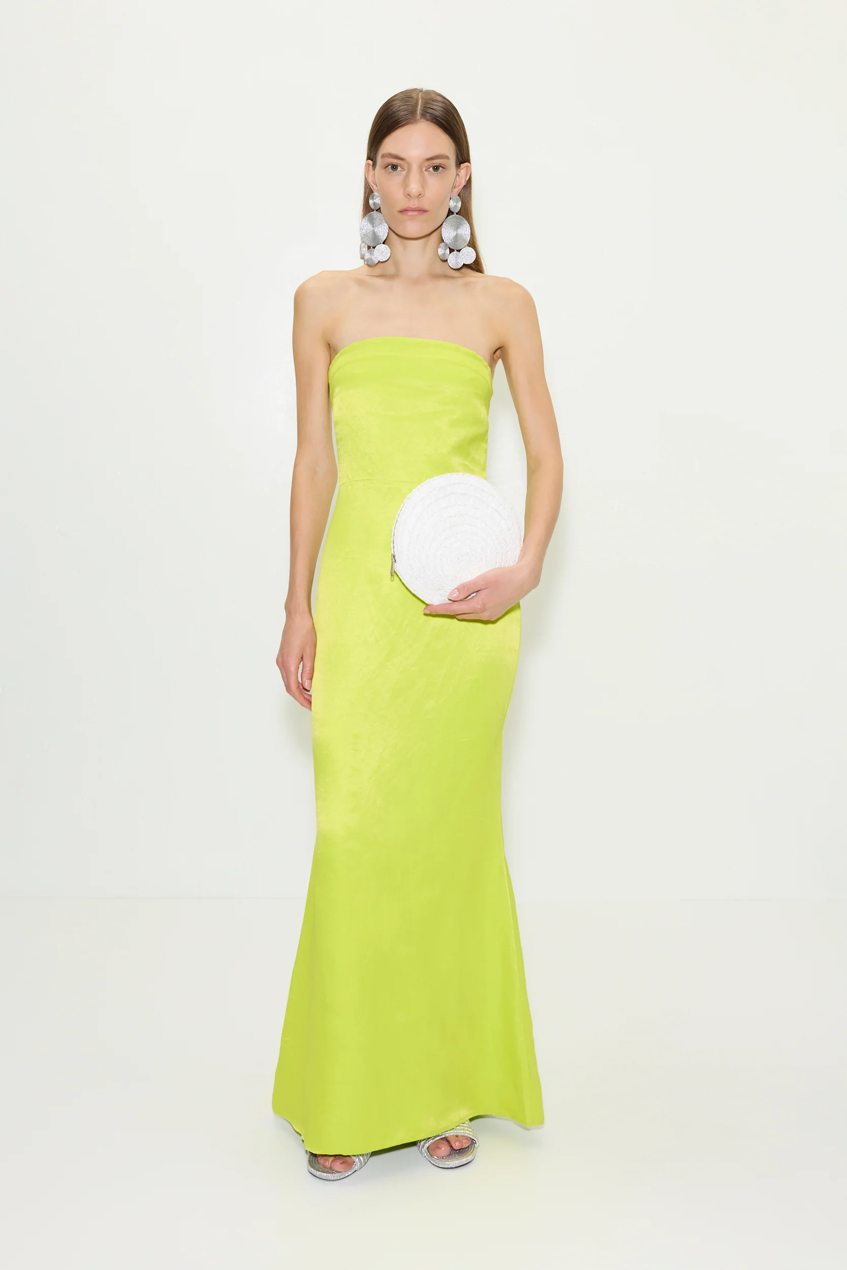 Sculpty Strapless Satin Dress in Lime - Image 3
