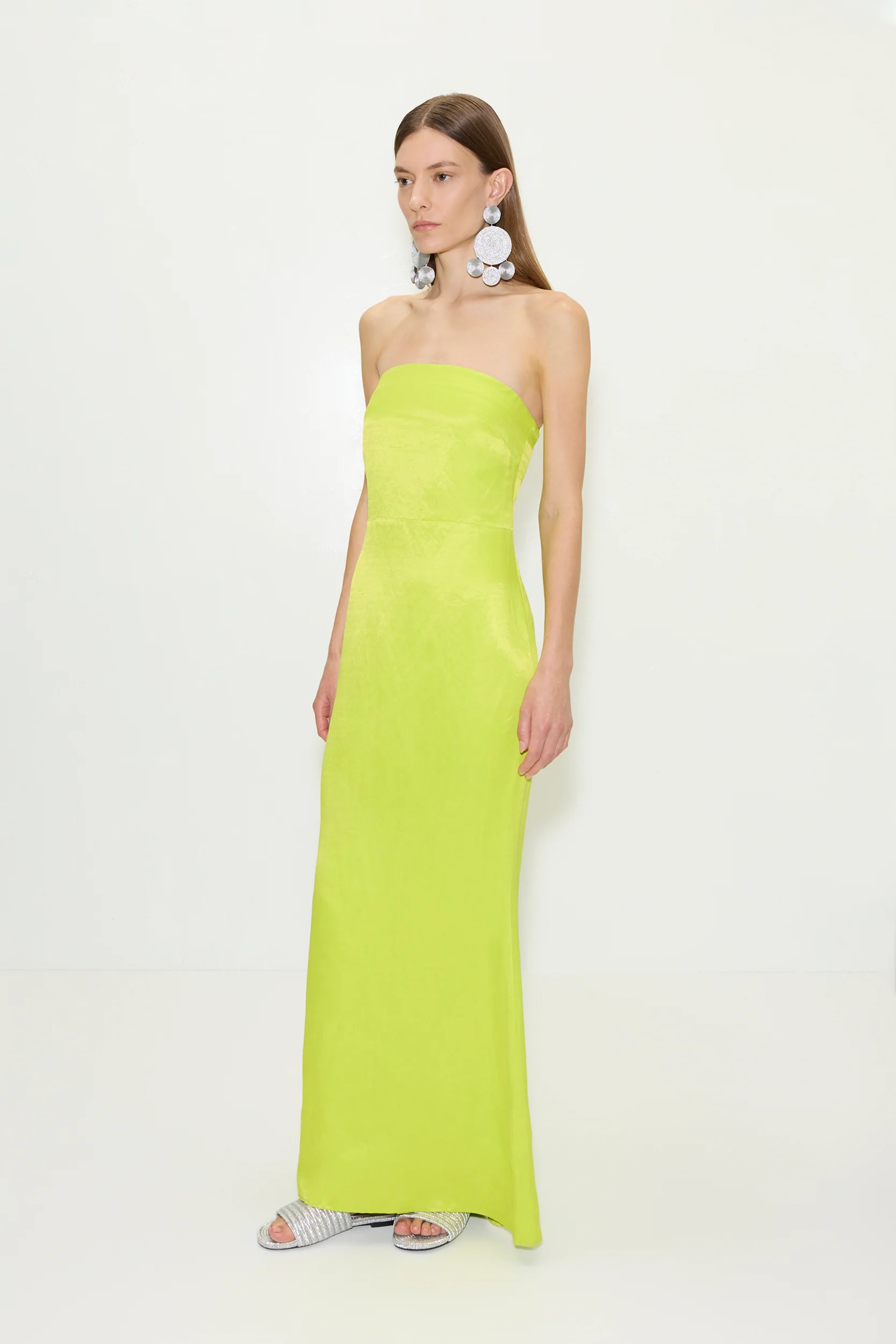 Sculpty Strapless Satin Dress in Lime - Image 4