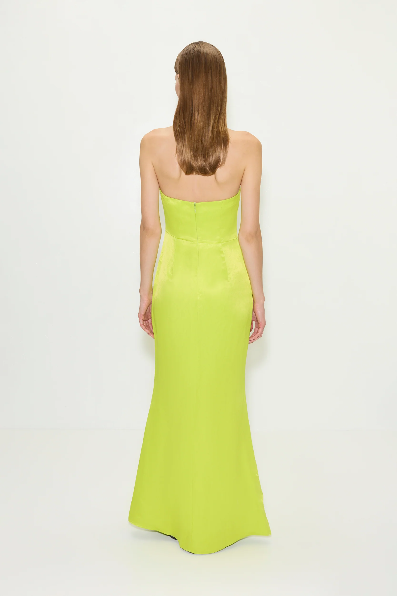 Sculpty Strapless Satin Dress in Lime - Image 5