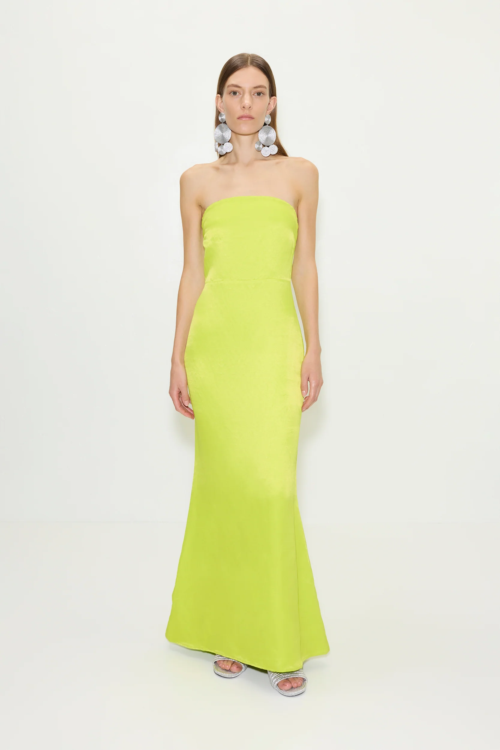 Sculpty Strapless Satin Dress in Lime - Image 6