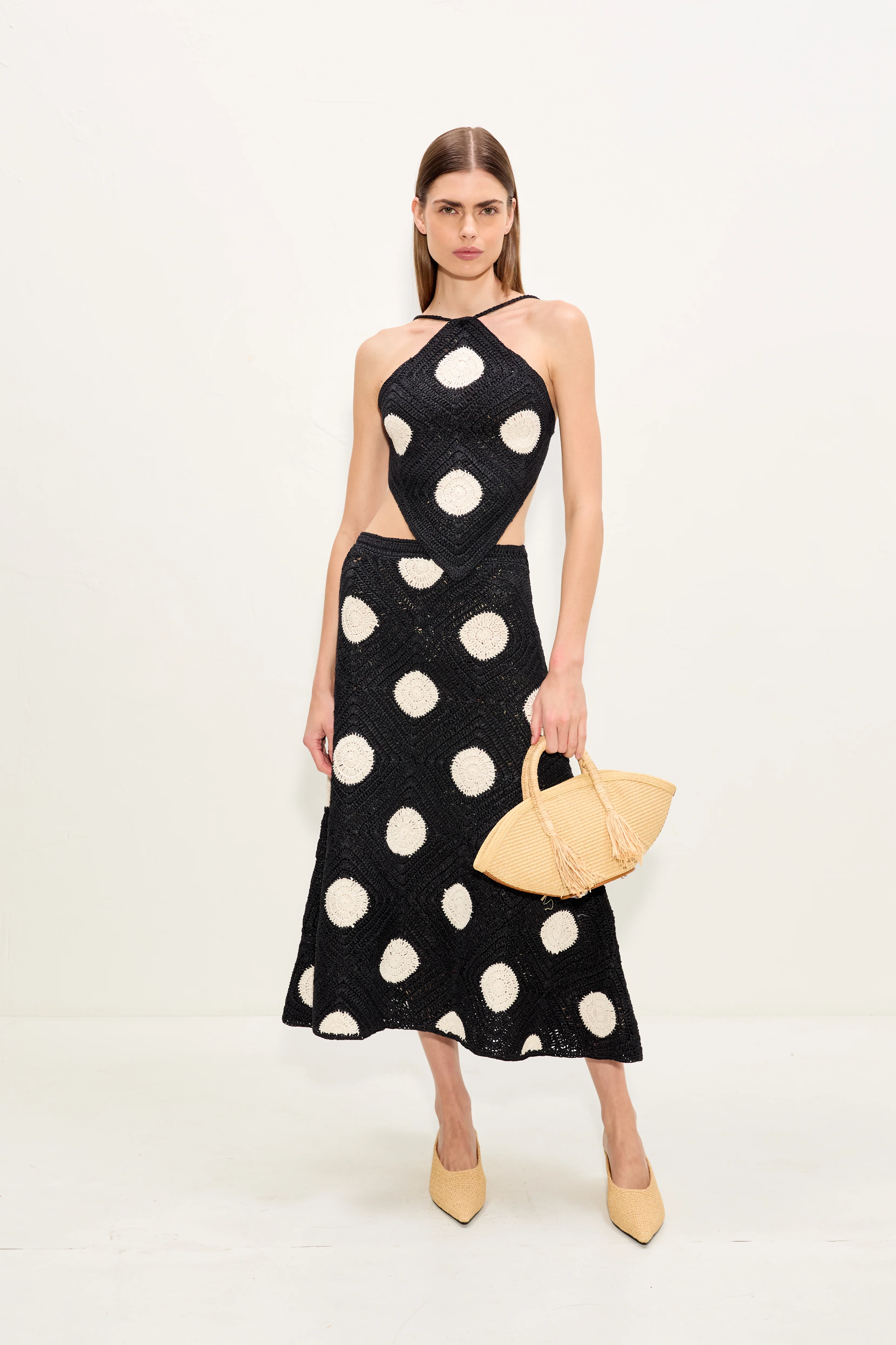 Zorah Crochet Skirt In Black/Macadamia Polka Dot - Image 3